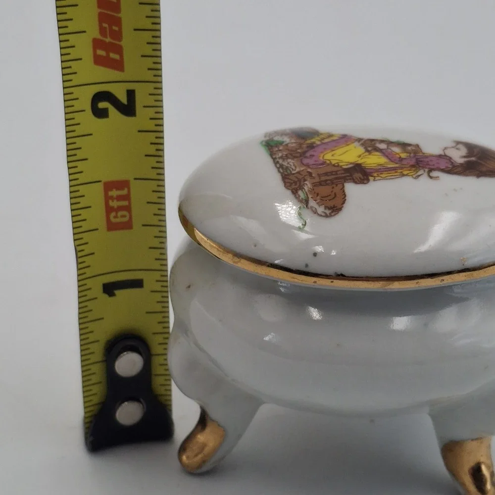 Vintage Petticoats & Pantaloons Roth Footed Trinket Box Porcelain Girl Cat Japan